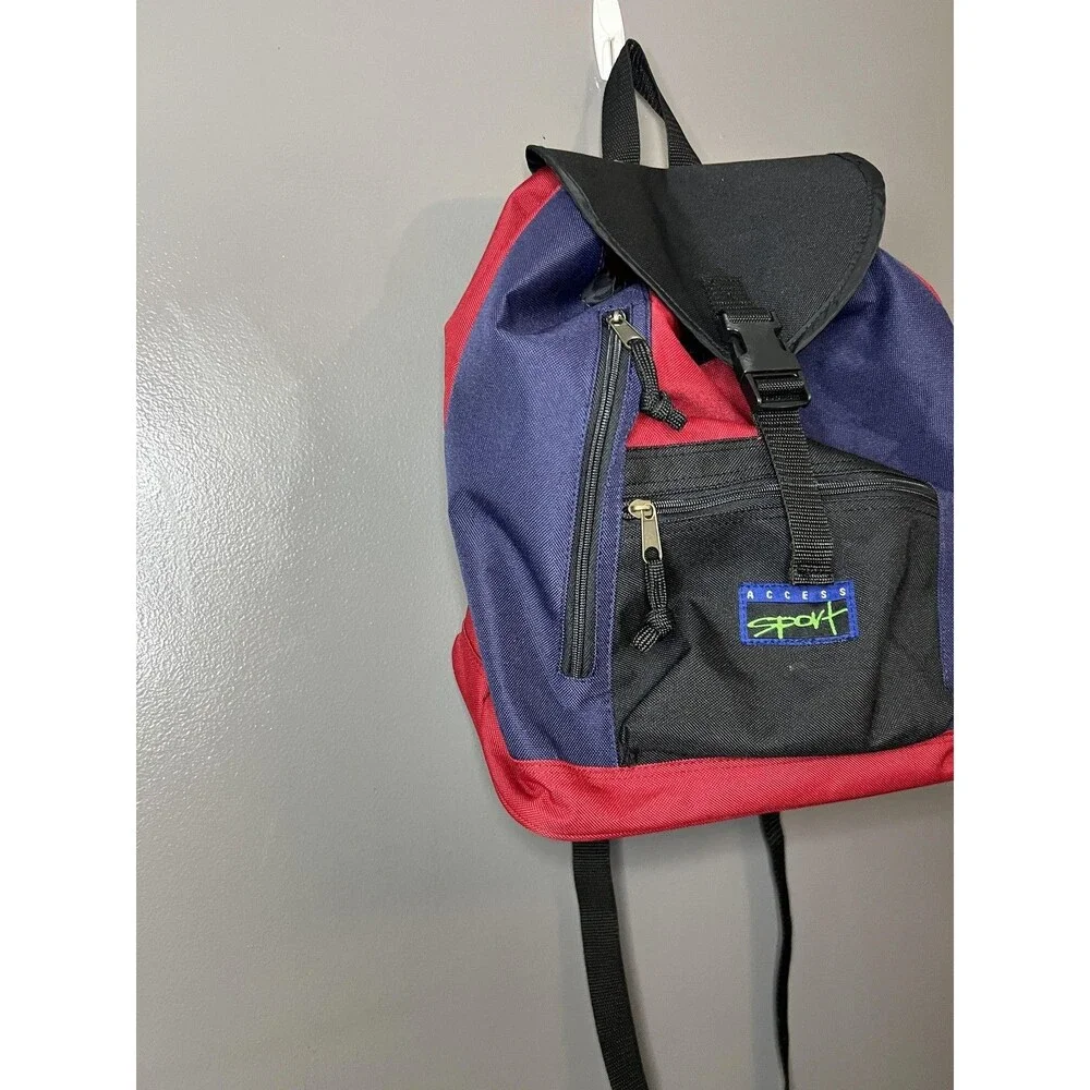Vintage Access Sport Backpack Red Blue Black Drawstring Classic Daypack 90s Bag